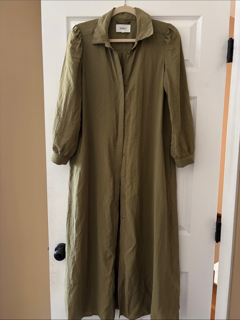 Bash Olive Green Maxi Button-Front Shirt Dress